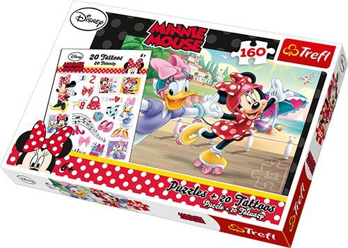 Trefl Puzzle 160 Elementów + 20 tatuaży - Myszka Minnie: Minnie i Daisy na wrotkach 90504