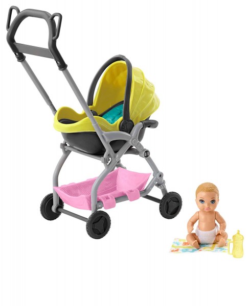 Mattel Barbie Zestaw Spacerowy Bobas + Wózek Zółty FXG94 GFC18