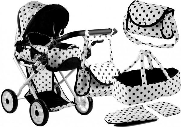 Wózek dla lalek Głęboki z Akcesoriami Biały w Czarne Groszki