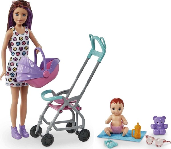 Mattel Barbie Opiekunka Skipper Wózek + bobas Zestaw GXT34